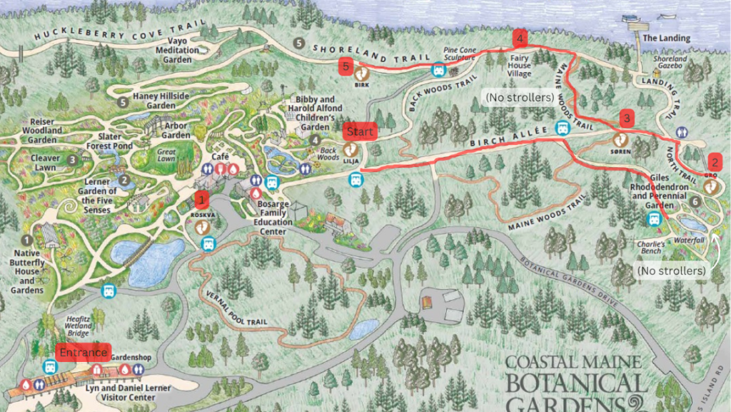 Map of the Coastal Maine Botanical Gardens with kids route