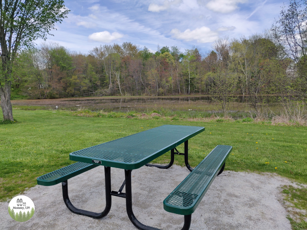 picnic table by the water at roberts field, chelmsford